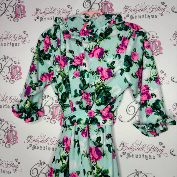 Betsy Johnson robe ruffle frilly trim floral neon blue green purple pink tie up - Picture 4 of 10